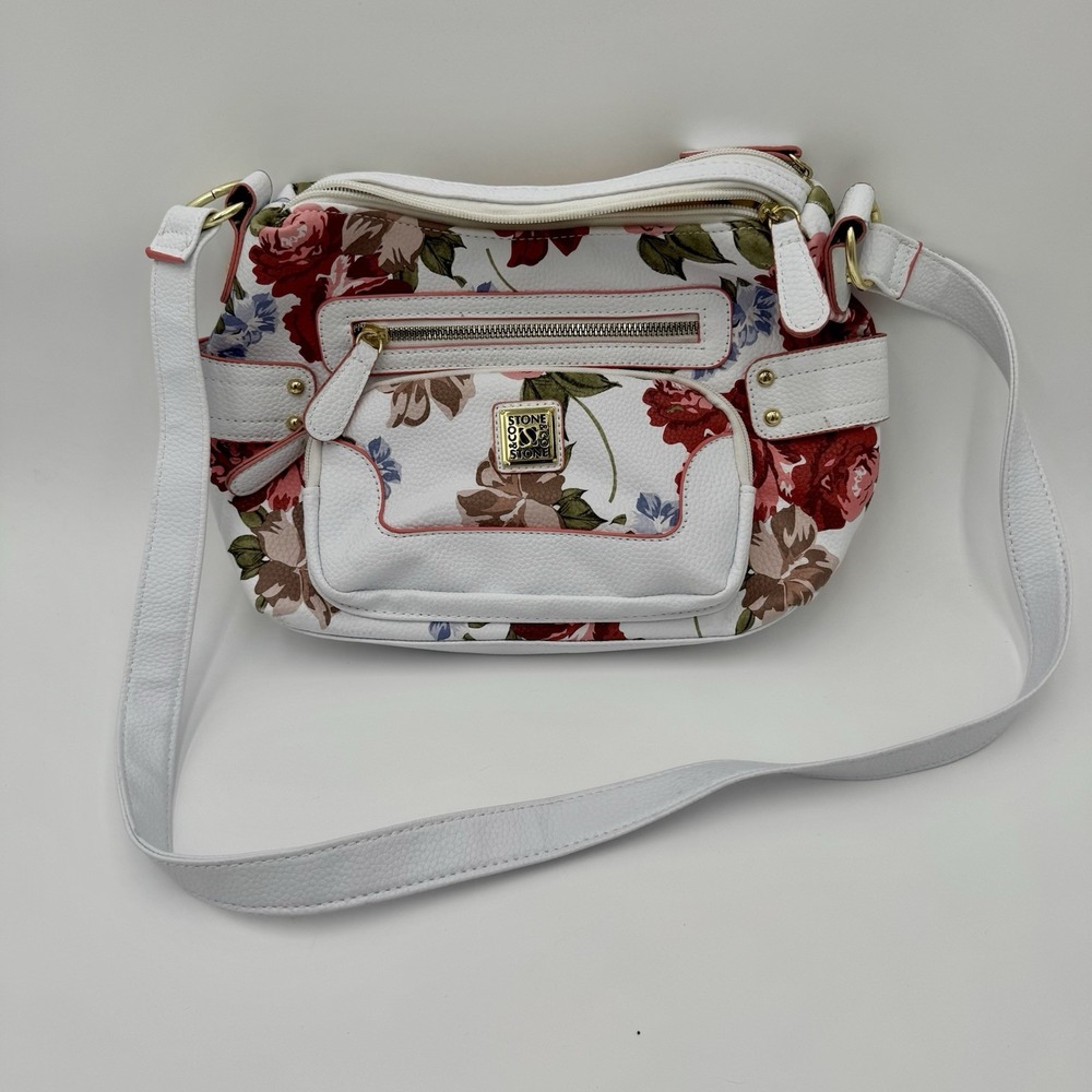 Stone & Co Women's Crossbody  Purse Bag‎ White With Floral Print